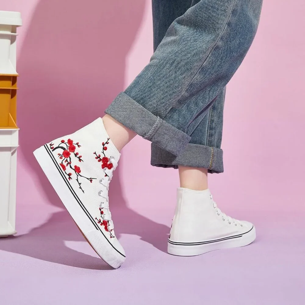 Women's White Black High Top Canvas Sneakers Lace Up Sneakers Casual Walking - Picture 6 of 6